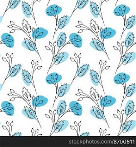 Endless pattern of contour rosehip branches with winter blue marker blots. Abstract backdrop texture. Isolate. Outlayer for banner, wallpaper, web, poster or card, invitation, label, tag. Vector. EPS