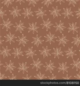 Endless pattern of outline drawing anise star on backdrop in trendy brown hue. Herbs And Spices Day. Design for wrapping, wallpaper, price tag or label, banner, brochures, poster or web. Vector. EPS