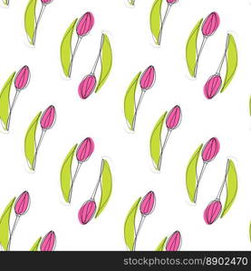 Endless pattern of Outline drawing of a tulip flower in one line in a minimalist style with color spot in trendy marker shades. One line artwork. Isolate. Good for pattern, poster, price or label. EPS