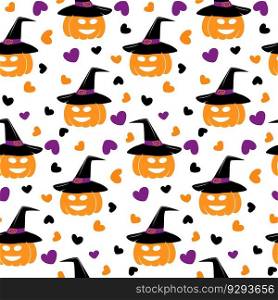 Endless pattern of pumpkin in a witch hat with smiling face and hearts around in trendy Halloween hues. Isolate. Design for wrapping, poster, banner, brochure or cards, price tag or label. Vector. EPS