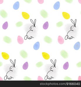Endless pattern of Rabbit in one continuous line and colorful watercolor Easter eggs with hand drawn elements. Seamless Pattern. Abstract background texture. Design for wrapping, card or greeting. EPS