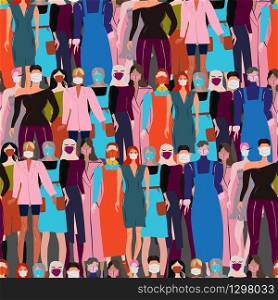 Endless pattern with multinational crowd wearing protective face mask. Latest trend news, fashion bloggers post. Flat cartoon illustration with copyspace on white background. Vector illustration.. Endless pattern with multinational crowd wearing protective face mask.