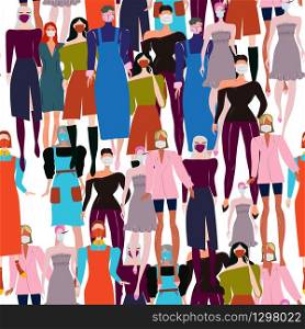 Endless pattern with people wearing protective face mask. Latest trend news, fashion bloggers post. Flat cartoon illustration with copyspace on white background. Vector illustration.. Endless pattern with people wearing protective face mask. News outbreak blogger