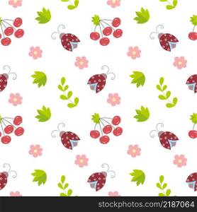 Endless seamless background with beetles, flowers and twigs. Children&rsquo;s pattern with ladybirds in nature. Background for Wallpaper, children&rsquo;s room, textiles, clothing, books, covers.