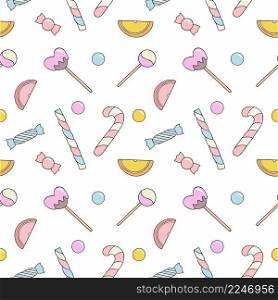 Endless seamless background with sweets and candies. Lollipops and candies on a white background. Wallpaper for sewing clothes, printing on fabric, packaging paper.