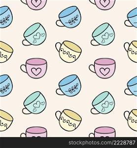 Endless seamless background with tea mugs. Template for the menu of a dining room, cafe or restaurant. Children’s cartoon illustration of doodles with cups . Printing on fabric, clothing, and paper.