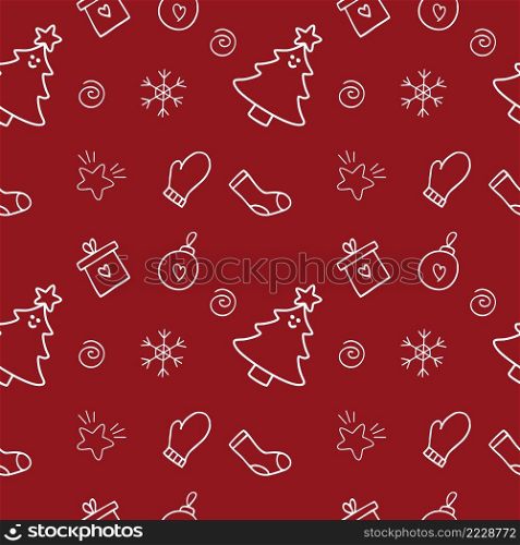 Endless seamless new year pattern on a red background. A set of vector Doodle illustrations for clothing design, textiles, tailoring, making a cover for Notepad. Christmas wrapping paper