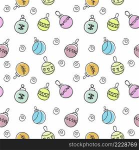Endless seamless pattern with multi-colored Christmas tree balls for new year and Christmas. Children’s handwriting for the holiday. Wallpaper for textiles, covers, packaging paper.