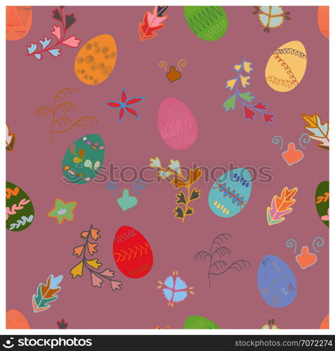 Endless texture decorated egg and flowers on pink background. For greeting cards, wrappings, fabrics, announcements. . Festive spring seamless pattern.