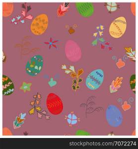 Endless texture decorated egg and flowers on pink background. For greeting cards, wrappings, fabrics, announcements. . Festive spring seamless pattern.