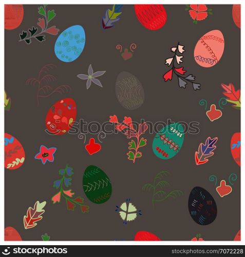 Endless texture with Easster decorated eggs and spring flowers. For design, greeting cards, wrappings, fabrics, announcements. Vector. Festive Easter egg and flowers seamless pattern.