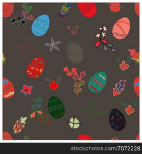 Endless texture with Easster decorated eggs and spring flowers. For design, greeting cards, wrappings, fabrics, announcements. Vector. Festive Easter egg and flowers seamless pattern.