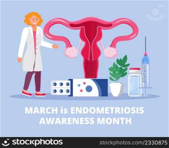 Endometriosis Awareness Month concept vector. Health care event is celebrated in March. Gynecologist doctor examine uterus, womb with magnifier to treat endometriosis.. Endometriosis Awareness Month concept vector. Health care event is celebrated in March. Gynecologist doctor examine uterus, womb with magnifier