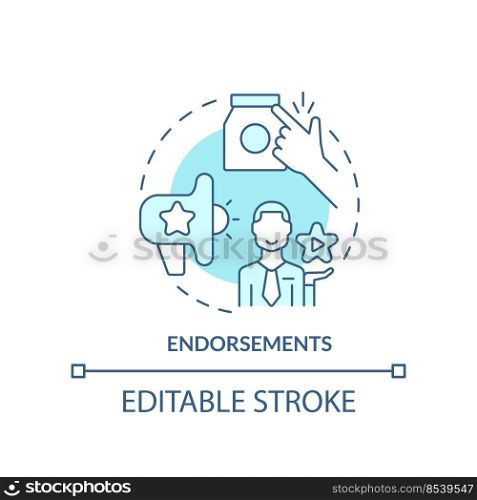 Endorsements turquoise concept icon. Advertisement c&aign technique abstract idea thin line illustration. Isolated outline drawing. Editable stroke. Arial, Myriad Pro-Bold fonts used. Endorsements turquoise concept icon