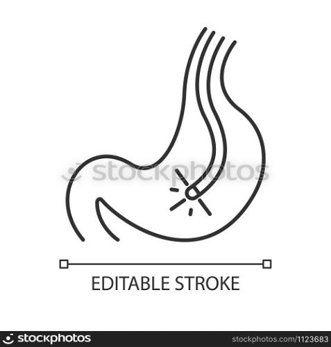 Endoscopy linear icon. Gastroscopy process. Medical nonsurgical procedure. Healthcare services. Thin line illustration. Contour symbol. Vector isolated outline drawing. Editable stroke