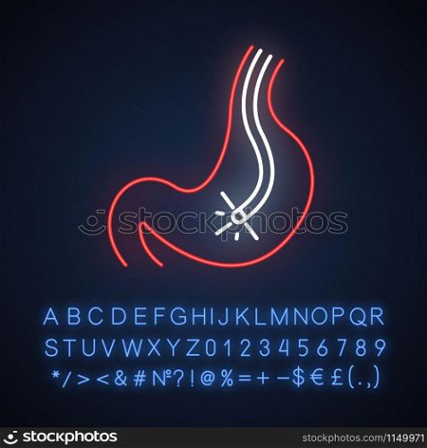 Endoscopy neon light icon. Gastroscopy process. Medical procedure. Healthcare. Disease diagnostics. Visual inspection. Glowing sign with alphabet, numbers and symbols. Vector isolated illustration
