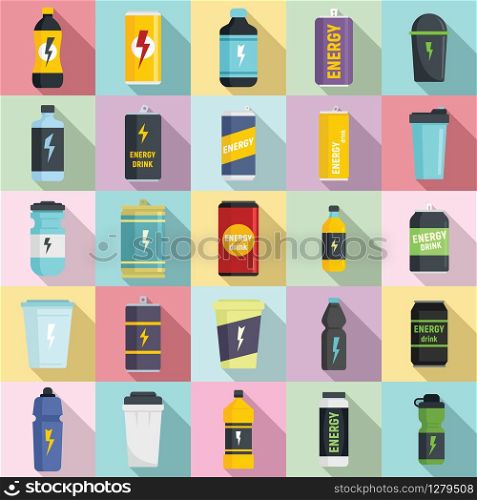 Energetic drink icons set. Flat set of energetic drink vector icons for web design. Energetic drink icons set, flat style