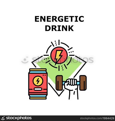 Energetic Drink Vector Icon Concept. Sportsman Drinking Energetic Drink For Getting Energy And Training Exercise With Dumbbell In Gym. Athlete Drink Metallic Package Color Illustration. Energetic Drink Vector Concept Color Illustration