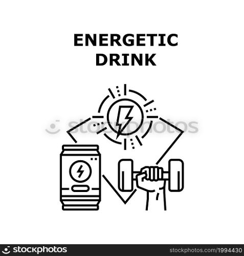 Energetic Drink Vector Icon Concept. Sportsman Drinking Energetic Drink For Getting Energy And Training Exercise With Dumbbell In Gym. Athlete Drink Metallic Package Black Illustration. Energetic Drink Vector Concept Black Illustration