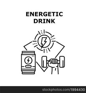 Energetic Drink Vector Icon Concept. Sportsman Drinking Energetic Drink For Getting Energy And Training Exercise With Dumbbell In Gym. Athlete Drink Metallic Package Black Illustration. Energetic Drink Vector Concept Black Illustration