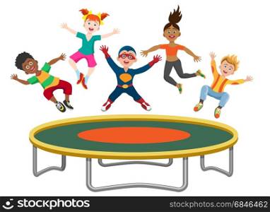 Energetic kids jumping on trampoline. Energetic kids jumping on trampoline isolated on white background. Active happy girls and boys have fun gymnastic on the trampoline vector illustration