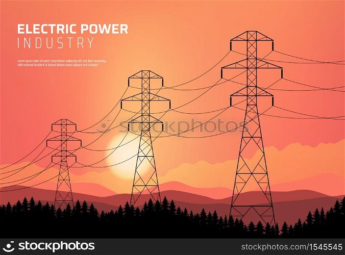 Energetics, power transmission line, electric industry vector poster. Transmission high voltage towers with wires and cables on nature sunset background with mountains and fir trees silhouettes. Energetics, power transmission electric line.