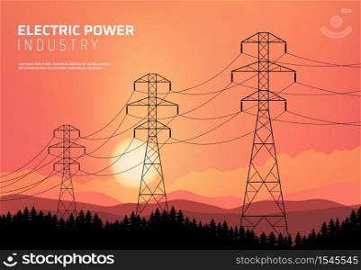 Energetics, power transmission line, electric industry vector poster. Transmission high voltage towers with wires and cables on nature sunset background with mountains and fir trees silhouettes. Energetics, power transmission electric line.