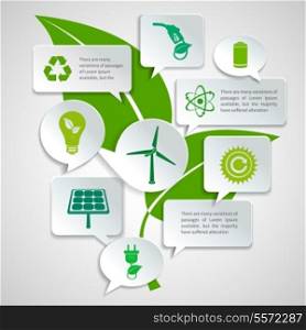 Energy and ecology paper speech bubbles business infographics design elements with green leaf background concept vector illustration