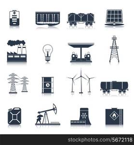 Energy and electric industry icons black set with solar battery factory light bulb isolated vector illustration