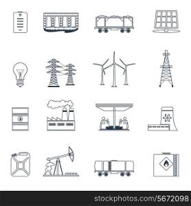 Energy and environment icons outline set with gasoline station nuclear plant jerrycan isolated vector illustration