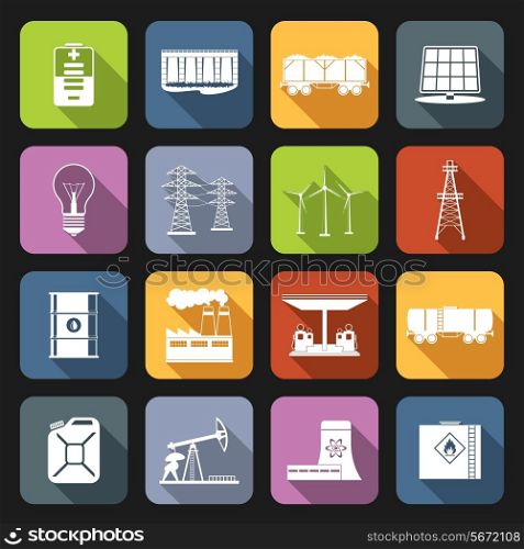 Energy and industrial icons flat set with power line wind mill oil barrel isolated vector illustration