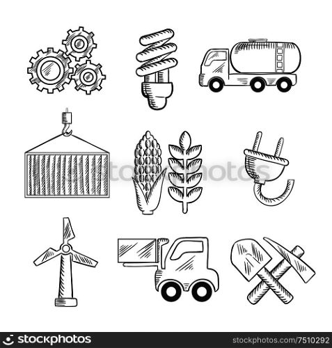 Energy and industry sketched icons with machinery, light bulb, mining, tank car, shipping, wind turbine, plug, forklift and agriculture symbols. Sketch style. Energy and industry sketched icons