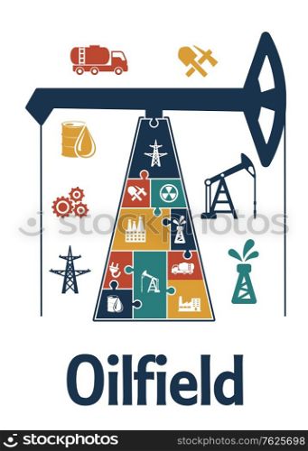 Energy and oil industry flat infographics design with oil field oil pump gear high-voltage tower shovel pick factory tank, truck, barrel and drop