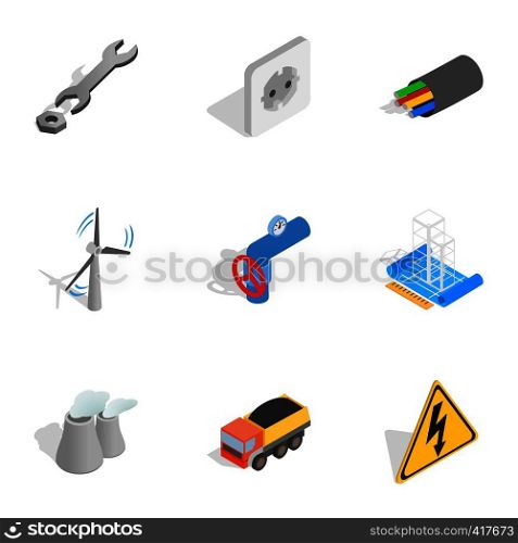 Energy and power icons set. Isometric 3d illustration of 9 energy and power vector icons for web. Energy and power icons set, isometric 3d style