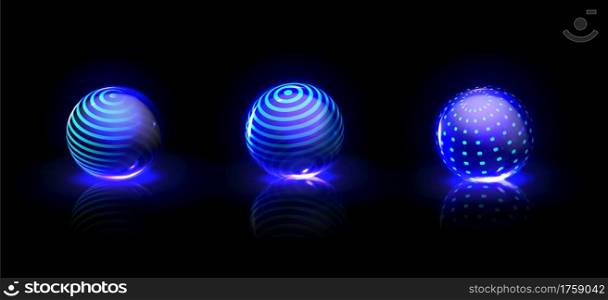 Energy bubble shields, protection force fields. Vector realistic set of safety power barrier, magic glass sphere with blue pattern and glow isolated on black background. Energy bubble shields, protection force fields