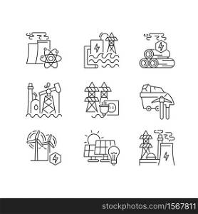 Energy business linear icons set. Industrial power plants customizable thin line contour symbols. Electricity generation stations. Isolated vector outline illustrations. Editable stroke. Energy business linear icons set