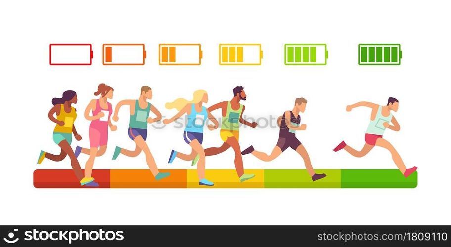 Energy charge. Level of accumulators, full, low and empty energy indicators, competition success measurement, marathon winners rating, activity meter, sprint results. Vector cartoon isolated concept. Energy charge. Level of accumulators, full, low and empty energy indicators, competition success measurement, marathon winners rating, activity meter, sprint results vector cartoon concept