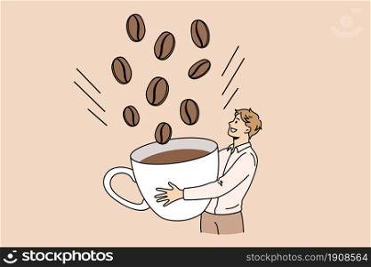 Energy coffee drink breakfast concept. Young smiling man cartoon character standing picking huge coffee beans to cup vector illustration . Energy coffee drink breakfast concept.