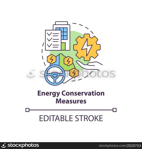 Energy conservation measures concept icon. Energy resource plan abstract idea thin line illustration. Operational benefits. Isolated outline drawing. Editable stroke. Arial, Myriad Pro-Bold fonts used. Energy conservation measures concept icon