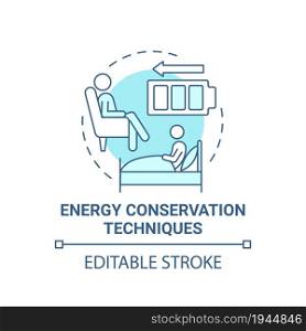 Energy conservation technique blue concept icon. Pulmonary rehabilitation abstract idea thin line illustration. Respiratory therapy. Vector isolated outline color drawing. Editable stroke. Energy conservation technique blue concept icon