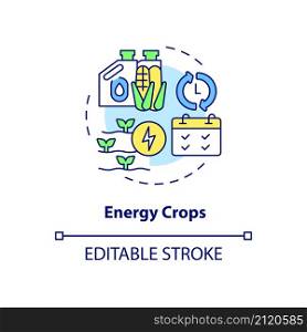 Energy crops concept icon. Producing bioenergy abstract idea thin line illustration. Biomass energy source on farm. Isolated outline drawing. Editable stroke. Roboto-Medium, Myriad Pro-Bold fonts used. Energy crops concept icon