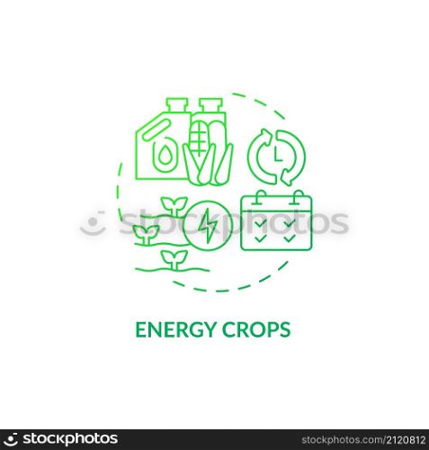 Energy crops green gradient concept icon. Producing bioenergy abstract idea thin line illustration. Converting into electricity. Isolated outline drawing. Roboto-Medium, Myriad Pro-Bold fonts used. Energy crops green gradient concept icon