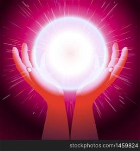 Energy crystall ball in hands. Magic ball light created by hands sorcerer. Thunderball is held between the palms. Vector illustration