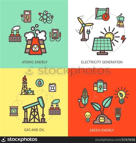 Energy design concept set with atomic gas and oil green electricity generation icons isolated vector illustration