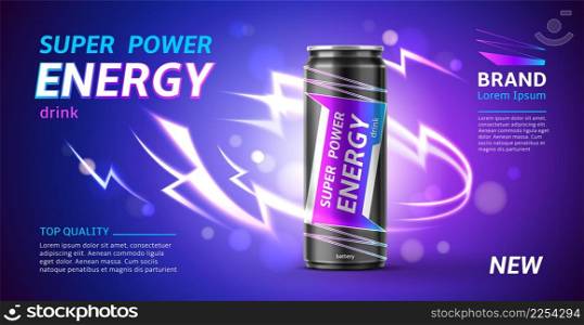 Energy drink banner. 3D realistic aluminium can with super power beverage. Shining lightning. Dark purple backdrop with light flashes. Bottle package design for branding. Vector advertising poster. Energy drink banner. 3D realistic aluminium can with super power beverage. Shining lightning. Dark backdrop with light flashes. Package design for branding. Vector advertising poster