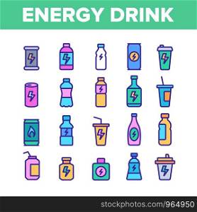 Energy Drink Collection Elements Vector Icons Set Thin Line. Energy Beverage In Plastic And Metallic Bottle, Glass And Aluminum Container Concept Linear Pictograms. Color Contour Illustrations. Energy Drink Color Elements Vector Icons Set
