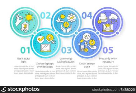 Energy efficiency at work blue circle infographic template. Data visualization with 5 steps. Editable timeline info chart. Workflow layout with line icons. Myriad Pro-Regular font used. Energy efficiency at work blue circle infographic template