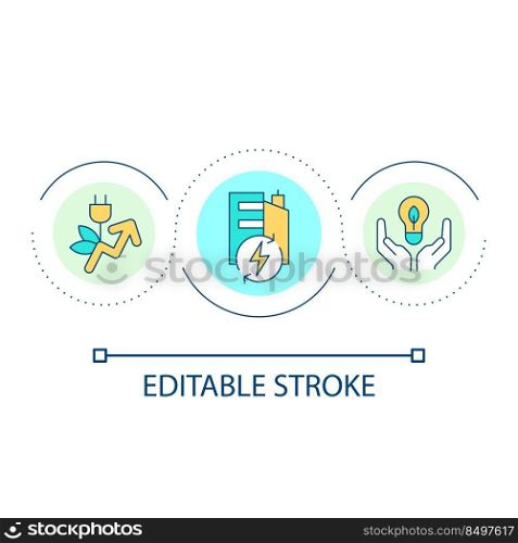 Energy efficiency at workplace loop concept icon. Sustainable electricity consumption in office abstract idea thin line illustration. Isolated outline drawing. Editable stroke. Arial font used. Energy efficiency at workplace loop concept icon
