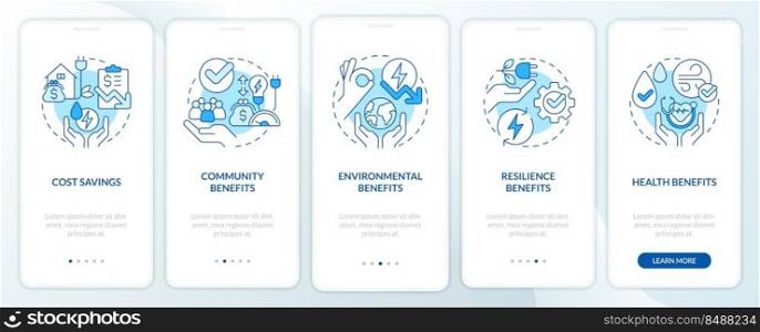 Energy efficiency benefits blue onboarding mobile app screen. Walkthrough 5 steps editable graphic instructions with linear concepts. UI, UX, GUI template. Myriad Pro-Bold, Regular fonts used. Energy efficiency benefits blue onboarding mobile app screen