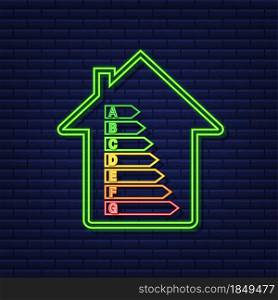 Energy efficiency chart and house concept. Home icon vector. Solar power. Green home. Neon icon. Vector stock illustration. Energy efficiency chart and house concept. Home icon vector. Solar power. Green home. Neon icon. Vector stock illustration.